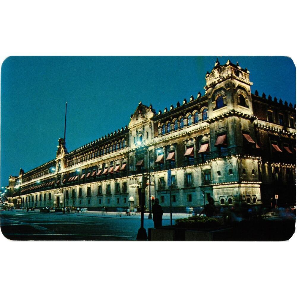 Night view of the National Palace at the Zocalo. MEXICO, D. F.  Postcard